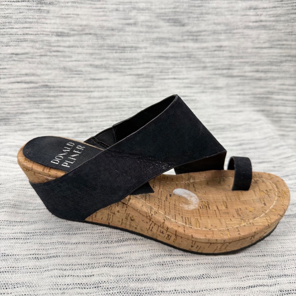 Donald Pliner Black Leather Gyer Cork Wedge Sandals Size 6.5 Thong Slip On